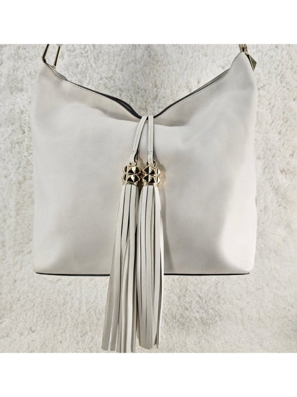 KARL LAGERFELD PARIS White Smooth Leather Hobo Shoulder Bag with Tassel Closure - Picture 1 of 15